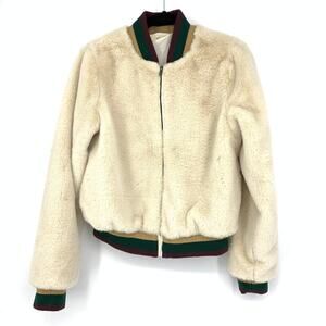 Elan Bomber Jacket Women's Size Small Faux Fur Cream Striped Collar Cuff